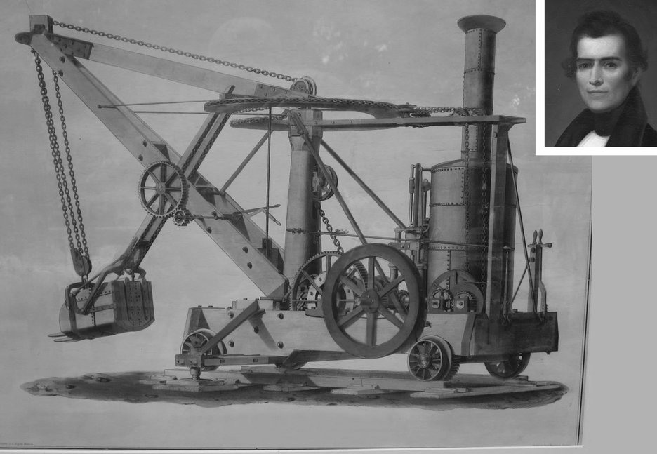 Die Schwarz-Weiß-Zeichnung zeigt eine Erfindung von William S. Otis. Hierbei handelt es sich um einen kranähnlichen Schwenkarm, der auf einem Schienenwagen montiert und mit einem Dampfmotor betrieben wurde. Die Dampfschaufel kam bei Erdarbeiten zum Einsatz. Oben rechts eingeklinkt ist ein schwarz-weißes Portraitfoto, das den amerikanischen Bauingenieur und Erfinder William S. Otis zeigt, der 1835 die Dampfschaufel entwickelte. Link zur vergrößerten Darstellung des Bildes.