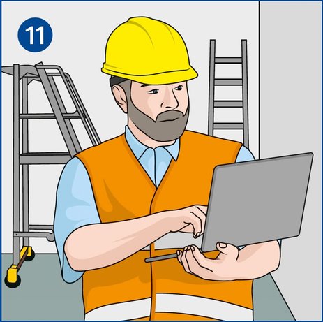 Die Illustration zeigt einen Mitarbeiter mit einem Laptop an einem Leiterplatz. Er dokumentiert gleich vor Ort seine Leiterprüfungen. Link zur vergrößerten Darstellung des Bildes.