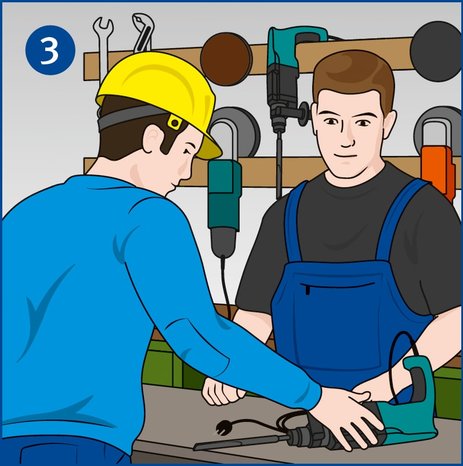 Die Illustration zeigt einen Mitarbeiter, der eine defekte elektrische Bohrmaschine an einen Kollegen im Magazin zurückgibt, um sie gegen eine intakte einzutauschen. Link zur vergrößerten Darstellung des Bildes.