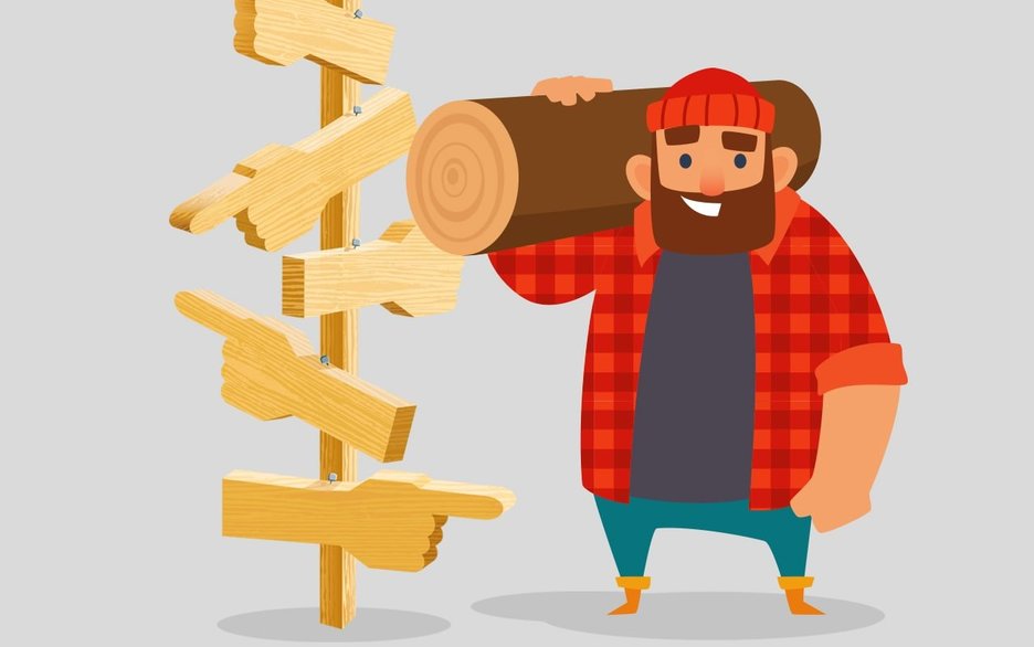 Die Illustration zeigt einen Holzwegweiser und daneben einen Holzfäller, der einen Baumstamm trägt. Beides gibt einen Hinweis für die Redewendung „Auf dem Holzweg sein“. Link zum Artikel.