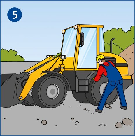 Die Illustration zeigt einen Mitarbeiter, der vor Fahrtantritt seinen Radlader prüft. Link zur vergrößerten Darstellung des Bildes.