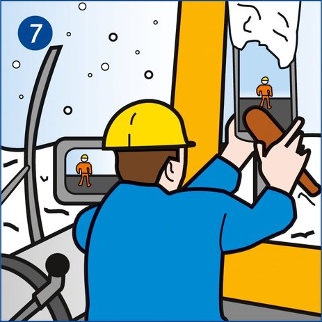 Ein Mitarbeiter sorgt für gute Sicht an seinem Fahrzeug im Winter, indem er den Spiegel vom Schnee befreit. Link zur vergrößerten Darstellung des Bildes.