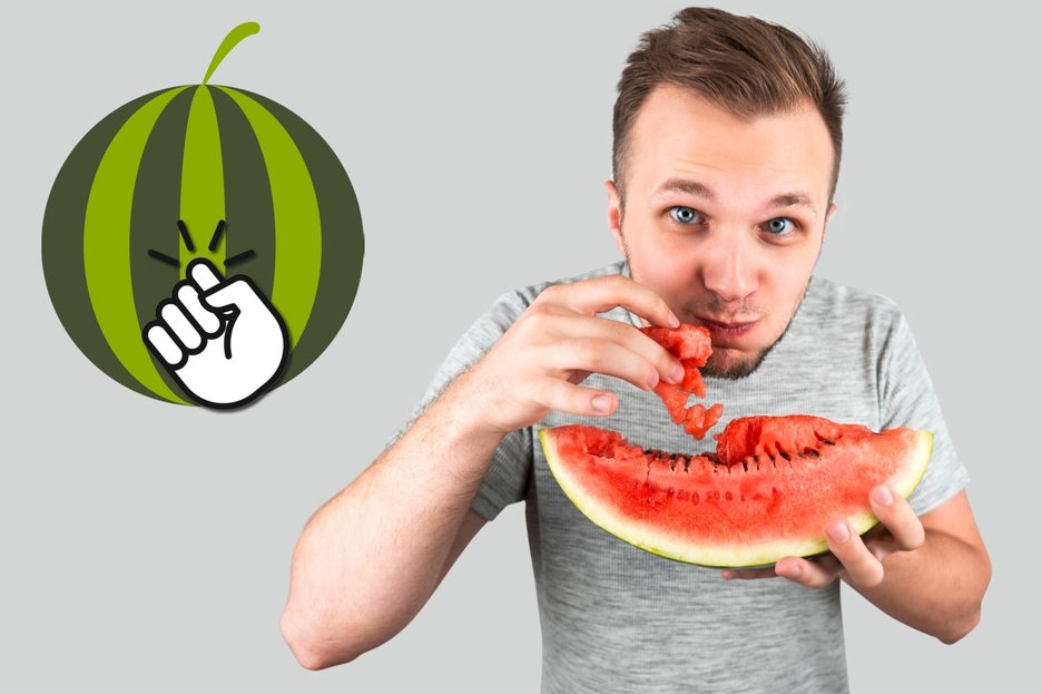 Die Fotomontage zeigt einen Mann, der eine Melone genießt und links daneben eine illustrierte Wassermelone, an der eine Hand klopft. Link zur vergrößerten Darstellung des Bildes.
