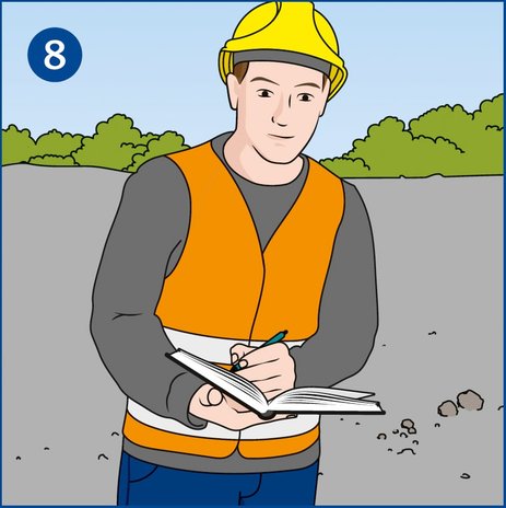 Die Illustration zeigt einen Mitarbeiter, der die Prüffristen der Arbeitsmittel in seinem Buch checkt. Link zur vergrößerten Darstellung des Bildes.