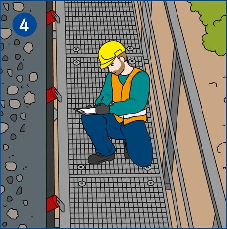 Die Illustration zeigt einen Mitarbeiter, der auf einem Laufsteg kniet, diesen prüft und dabei eine Checkliste ausfüllt. Link zur vergrößerten Darstellung des Bildes.
