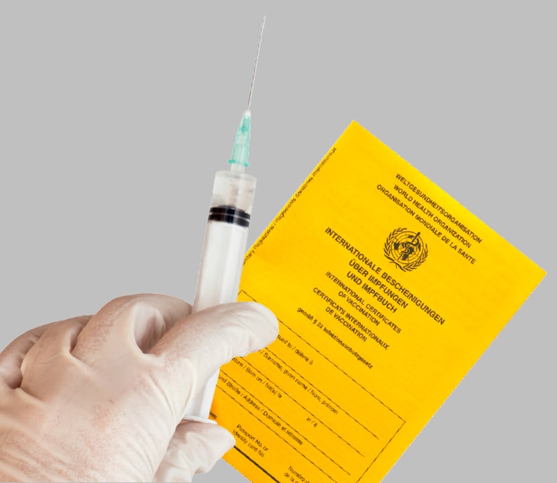 Zu sehen ist eine Hand mit Schutzhandschuh, die eine Spritze zur Impfung hält. Daneben befindet sich ein gelber Impfpass. Link zur vergrößerten Darstellung des Bildes.