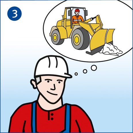 Ein Mitarbeiter plant gedanklich den Winterräum- und Streudienst. Dies wird über eine Denkblase symbolisiert, in der ein Radlader zu sehen ist, der mit gesenkter Schaufel Schnee wegräumt.