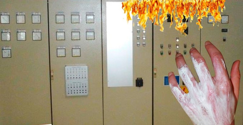 Das Bild zeigt eine verbrannte Hand mit Creme versorgt im Bildvordergrund und eine illustrierte Flamme am Schaltschrank im Hintergrund. Hier zündete ein Störlichtbogen.