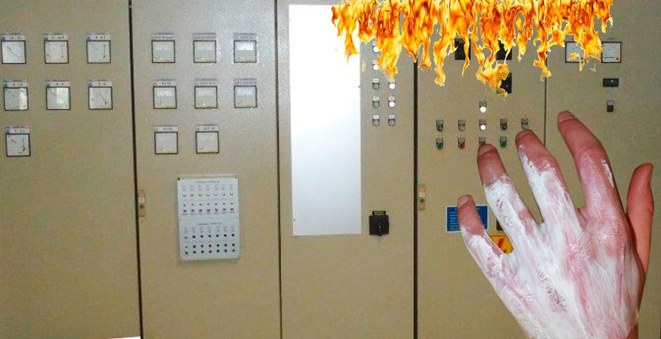 Das Bild zeigt eine verbrannte Hand mit Creme versorgt im Bildvordergrund und eine illustrierte Flamme am Schaltschrank im Hintergrund. Hier zündete ein Störlichtbogen. Link zur vergrößerten Darstellung des Bildes.