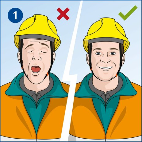 Die Illustration ist in zwei Teile geteilt. Sie zeigt auf der linken Seite einen Mitarbeiter mit orangefarbener Arbeitskleidung, grünem Sweatshirt und gelbem Helm frontal im Portrait, der müde ist und gähnt. Er hat dabei die Augen geschlossen. Auf der rechten Seite ist der gleiche Mitarbeiter zu sehen. Diesmal schaut er lächelnd, wach und ausgeschlafen zum Betrachter. In der linken Hälfte ist ein rotes X zu sehen, rechts ein grüner Haken. Das verdeutlicht, dass es hier um die Selbsteinschätzung von Mitarbeitern geht, ob sie sich fit genug fühlen, in einem engen Raum zu arbeiten. Link zur vergrößerten Darstellung des Bildes.