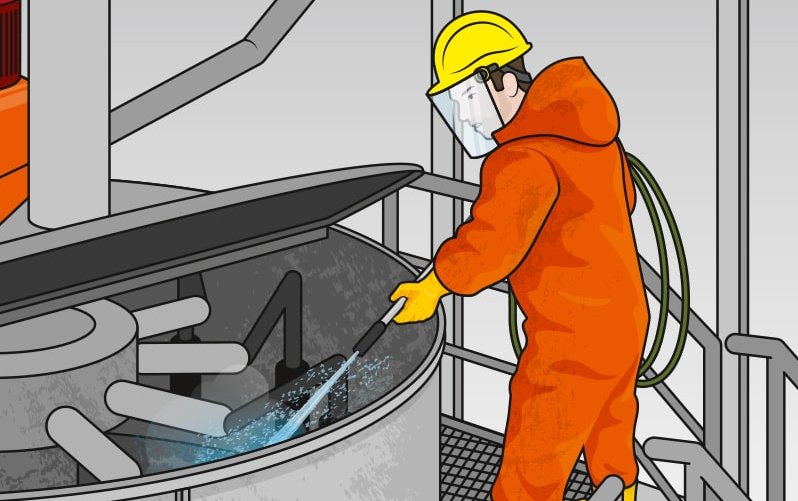 Die Illustration zeigt einen Mitarbeiter in Persönlicher Schutzausrüstung, der mit einem Hochdruckreiniger einen Betonmischer säubert.