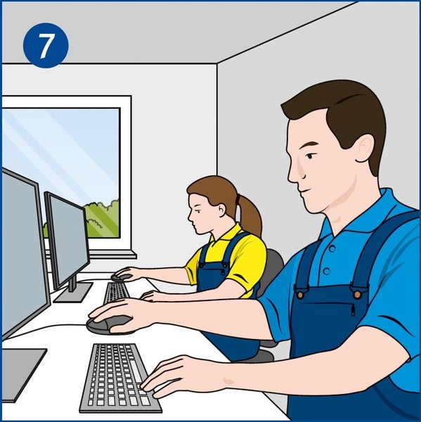 Die Illustration zeigt zwei Mitarbeiter bei einer Fachkräfte-Schulung zur Durchführung von Prüfungen.