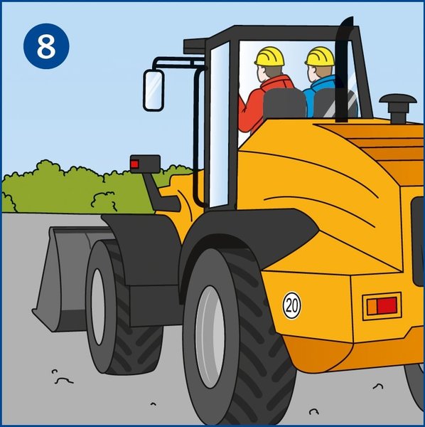 Die Illustration zeigt einen Radlader von hinten und zwei Personen in der Fahrerkabine. Das Mitfahren ist nur auf zugelassenen Sitzplätzen erlaubt.