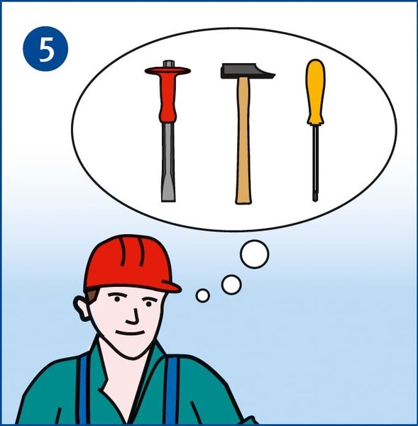Ein Mitarbeiter macht sich Gedanken über die Sichtkontrolle von Handwerkszeugen vor Tätigkeitsbeginn. Dies wird symbolisiert über eine Denkblase, in der ein Meißel, ein Hammer und ein Schraubenzieher zu sehen sind.