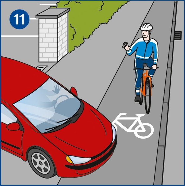 Das Bild zeigt in Draufsicht einen Pkw, der aus einer Einfahrt herauskommt und gerade auf den Radweg rollt. Ein Radfahrer muss ausweichen, hebt aber freundlich die Hand und sucht Blickkontakt.