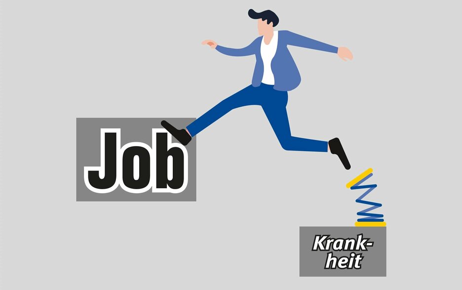 Schritt zurück ins Arbeitsleben mit BEM Die Illustration zeigt einen Mann, der mithilfe einer Feder einen großen Sprung nach vorn zurück ins Arbeitsleben macht. Er startet dabei vom Thema Krankheit aus, das als grauer Würfel dargestellt ist. Sein rechter Fuß hat das Wort „Job“ schon erreicht.