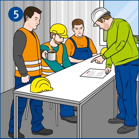Die Illustration zeigt eine Teambesprechung mit einem Vorgesetzten und drei Mitarbeitern vor Tätigkeitsbeginn. Link zur vergrößerten Darstellung des Bildes.