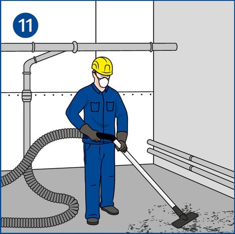 Die Illustration zeigt einen Mitarbeiter mit Atemschutzmaske, der in einem Innenraum Staub wegsaugt statt ihn abzublasen.