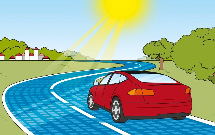 Zu sehen ist eine Illustration mit einem roten Auto, das auf einer sonnenbeschienenen Straße mit Photovoltaikmodulen und spezieller Sensortechnik fährt. Die Straße der Zukunft soll sich außerdem selbst beobachten und reparieren können.