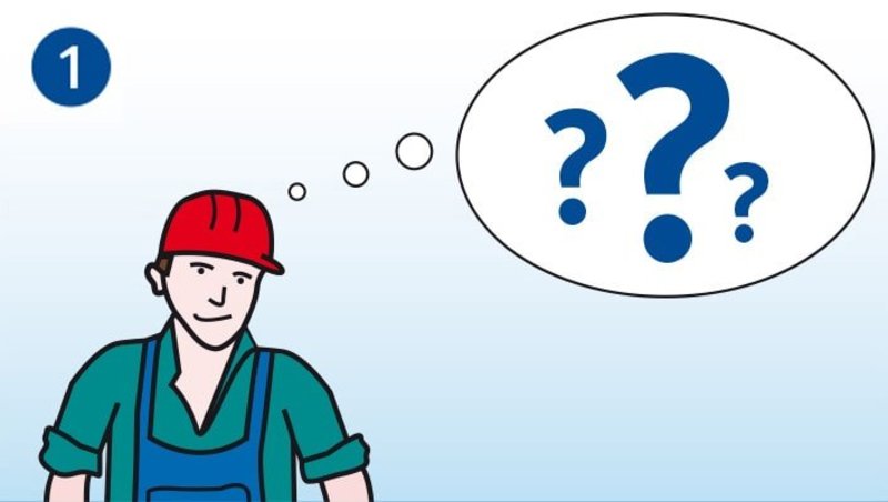 Das Bild zeigt die erste der fünf W-Fragen bei der Planung von Reparaturarbeiten.Ein Arbeiter macht sich Gedanken, was konkret zu tun ist. Dies wird über eine Denkblase symbolisiert, in der drei Fragezeichen zu sehen sind. 
