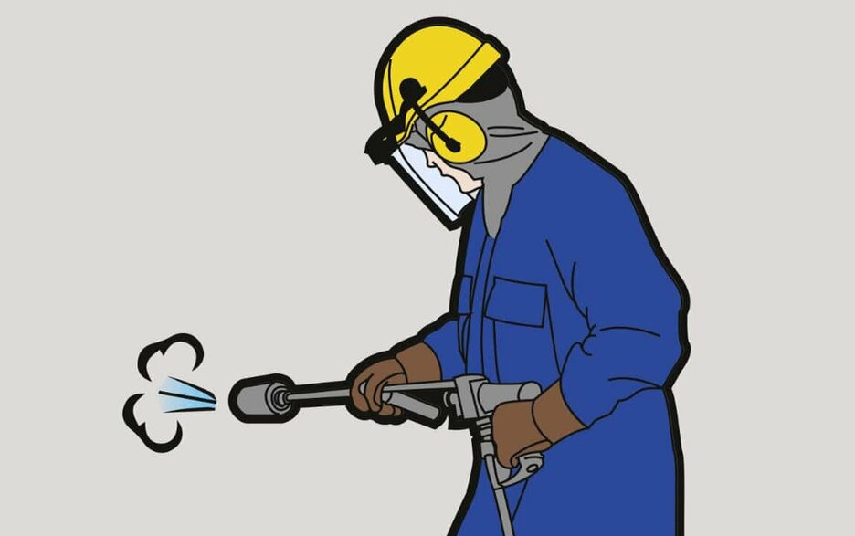 Geeignete Schutzausrüstung für Arbeiten mit Hochdruckreiniger Die Illustration zeigt einen Mitarbeiter seitlich von hinten, der in passender Schutzausrüstung mit einem Hochdruckreiniger arbeitet.
