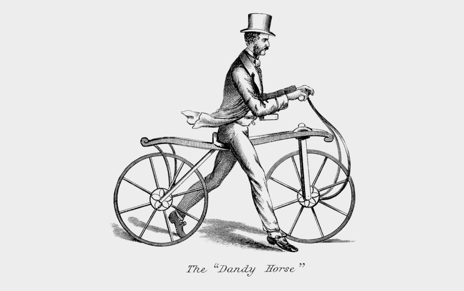 Zu sehen ist ein alter Schwarz-Weiß-Stich, der einen Mann mit Frack und Zylinder auf einer Laufmaschine zeigt. Diese ist der Vorgänger des Fahrrads, allerdings ohne Pedalen. 