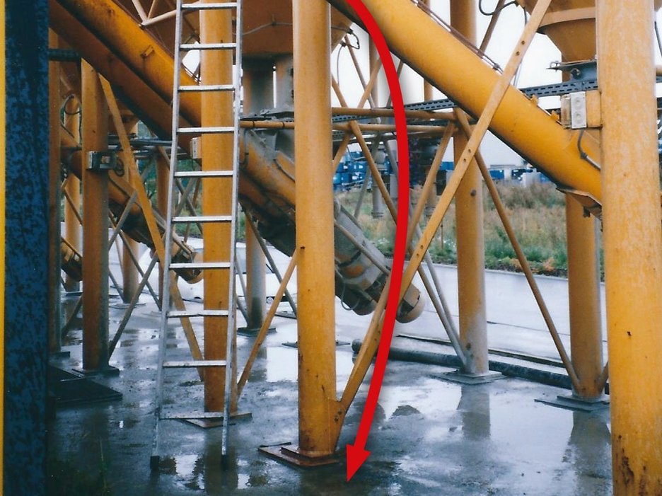 Zu sehen ist ein Silo, an dem eine lange Leiter lehnt. Ein roter Pfeil deutet an, aus welcher Höhe ein Mitarbeiter bei Klopfarbeiten von der Leiter stürzte.
