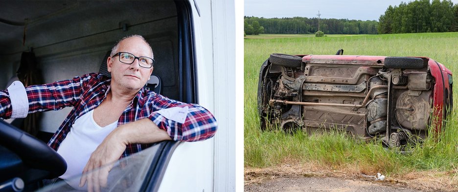 Zu sehen sind zwei Bilder nebeneinander. Bild eins zeigt einen Lkw Fahrer, der sich lässig mit abgewinkeltem Arm aus dem Fenster des Fahrerhauses lehnt und dabei hinausschaut. Bild zwei zeigt die Unterseite eines verunfallten Pkw, der im Feld auf der Seite liegt.