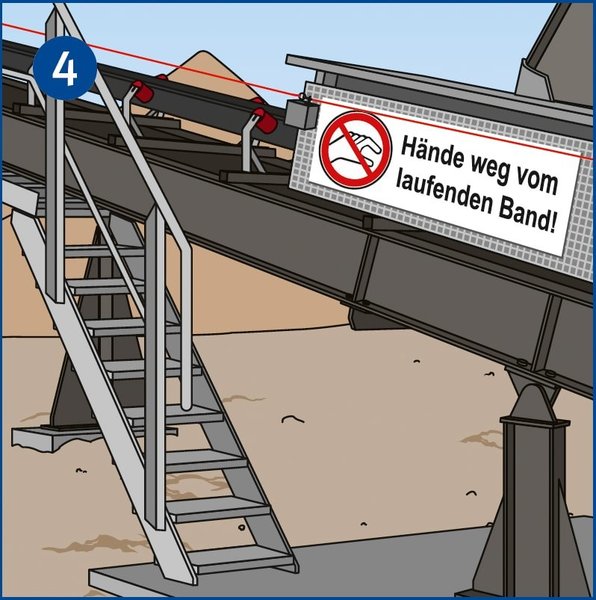 Die Illustration zeigt eine Förderbandanlage von der Seite mit Treppenaufgang. Am Förderband hängt ein Schild mit dem Hinweis „Hände weg vom laufenden Band“.