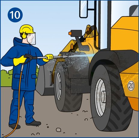 Die Illustration zeigt einen Mitarbeiter in Persönlicher Schutzausrüstung von der Seite, der seinen Radlader mit einem Hochdruckreiniger säubert.