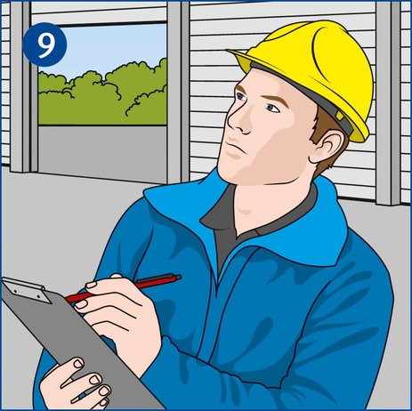 Die Illustration zeigt einen Mitarbeiter, der bei seiner Prüfung eine Checkliste nutzt.