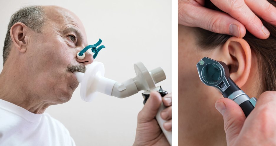 Das Bild ist eine Komposition aus 2 zusammengesetzten Bildern. Links: Auf dem Foto ist ein Mann beim Lungenfunktionstest zu sehen. Er trägt eine Nasenklammer und bläst in ein Messgerät hinein. Dieser Test gehört mit zur arbeitsmedizinischen Vorsorge bei staubintensiven Tätigkeiten. Rechts: Auf dem Foto ist in Nahaufnahme zu sehen, wie ein Ohr mithilfe eines Otoskops untersucht wird. Dies ist ein Instrument, das aus einem Ohrtrichter, einer Beleuchtungsquelle und einem Vergrößerungsglas besteht. Damit kann der Arzt in das Ohr hineinschauen und prüfen, ob es alles in Ordnung ist. Link zur vergrößerten Darstellung des Bildes.