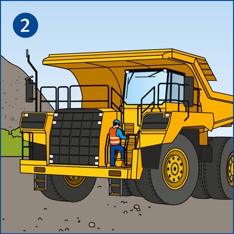 Die Illustration zeigt den Fahrer eines Schwerkraftwagens, der seine riesige Erdbaumaschine von vorn über einen sicheren Aufstieg mit Handlauf und Trittstufen besteigt.