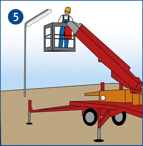 Ein Mitarbeiter arbeitet von einer fest installierten Hubarbeitsbühne aus, um in größerer Höhe eine Lampe zu reparieren.
