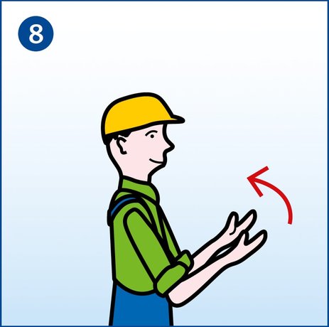Zu sehen ist ein Arbeiter, der beide Arme mit den Handflächen nach oben vor dem Bauch angewinkelt hat und zu sich hinbewegt. Das ist das Handzeichen bei Kranarbeiten für „Heranfahren“. Link zur vergrößerten Darstellung des Bildes.