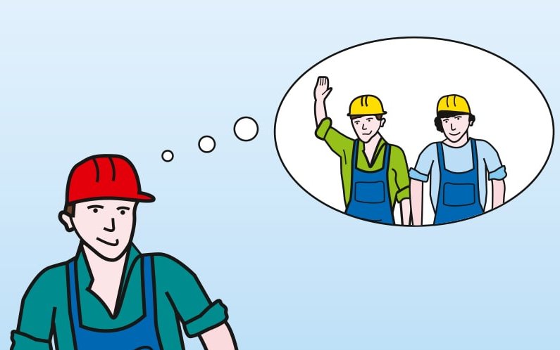 Das Bild zeigt die vierte der fünf W-Fragen bei der Planung von Reparaturarbeiten. Ein Arbeiter macht sich Gedanken, wer Bescheid weiß und ihm helfen kann. Dies wird über eine Denkblase symbolisiert, in der zwei Kollegen zu sehen sind.  Link zum Artikel.
