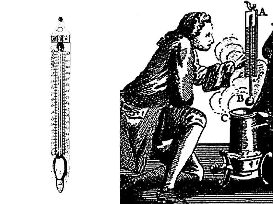 Der schwarz-weiße Stich zeigt den Erfinder des Quecksilberthermometers samt eigener Skala Daniel Gabriel Fahrenheit und links daneben das Thermometer. Link zur vergrößerten Darstellung des Bildes.