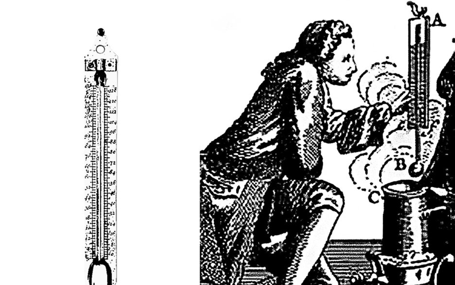 Der schwarz-weiße Stich zeigt den Erfinder des Quecksilberthermometers samt eigener Skala Daniel Gabriel Fahrenheit und links daneben das Thermometer.