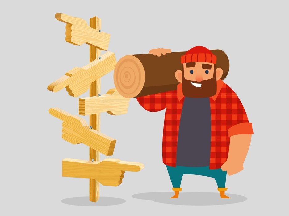 Die Illustration zeigt einen Holzwegweiser und daneben einen Holzfäller, der einen Baumstamm trägt. Beides gibt einen Hinweis für die Redewendung „Auf dem Holzweg sein“. Link zur vergrößerten Darstellung des Bildes.