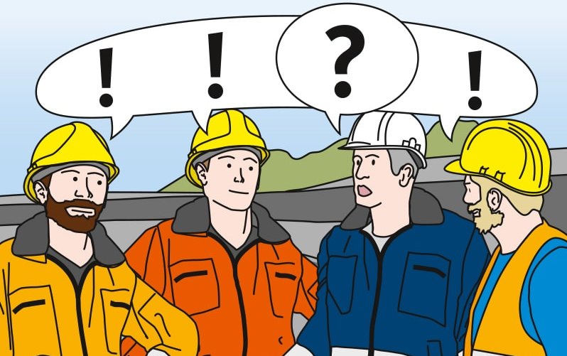 Verständnisklärung im Team Vier Mitarbeiter stehen zusammen in einer Teambesprechung. Die Führungsperson fragt nach, ob alles verstanden wurde. Dies wird durch ein Fragezechen in einer Denkblase symbolisiert. Die Mitarbeiter bestätigen alle. Dies wird mithilfe von Ausrufezeichen in einer Denkblase symbolisiert.