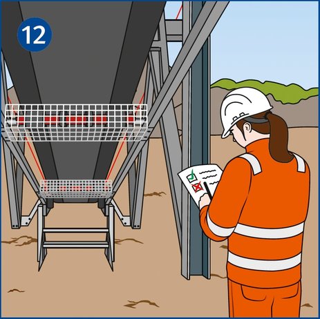 Die Illustration zeigt eine Mitarbeiterin, die prüft, ob alle Schutzeinrichtungen am Förderband nach den Instandhaltungsarbeiten wieder korrekt angebracht wurden.