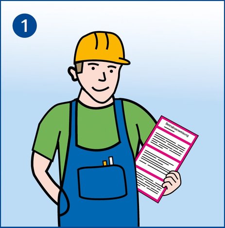 Ein Mitarbeiter hält eine Betriebsanweisung gegen Absturz in der Hand. Hier sind die Gefahren beschrieben und die Maßnahmen zum sicheren Arbeiten.