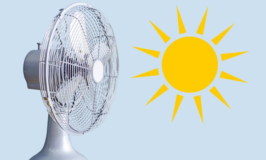 Zu sehen sind ein Ventilator und eine illustrierte Sonne. Diese Collage soll Hitzearbeit im Büro symbolisieren und Tipps damit umzugehen. Link zum Artikel.