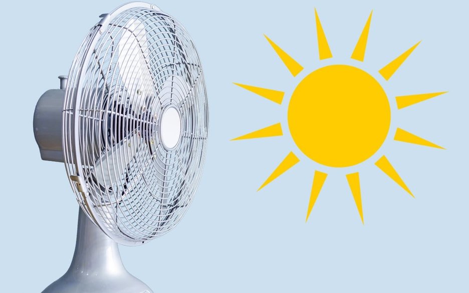 Zu sehen sind ein Ventilator und eine illustrierte Sonne. Diese Collage soll Hitzearbeit im Büro symbolisieren und Tipps damit umzugehen. Link zur vergrößerten Darstellung des Bildes.