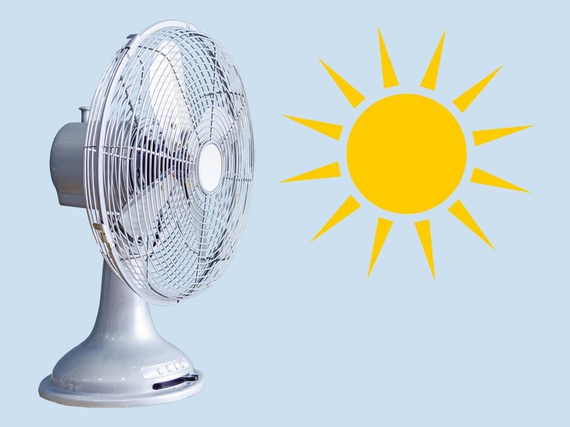 Zu sehen sind ein Ventilator und eine illustrierte Sonne. Diese Collage soll Hitzearbeit im Büro symbolisieren und Tipps damit umzugehen.