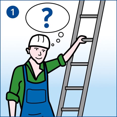 Ein Mitarbeiter denkt über seine Tätigkeit nach, bei der eine Leiter zum Einsatz kommen soll. Dies wird über eine Denkblase mit einem Fragezeichen symbolisiert.