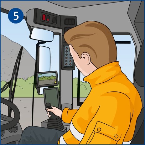 Die Illustration zeigt einen Erdbaumaschinenführer, der in der Fahrerkabine sitzt und gerade Spiegel und Kamera beim Rückwärtsfahren nutzt. Dabei prüft, er ob der hintere Bereich der Erdbaumaschine frei zum gefahrlosen Zurücksetzen ist.
