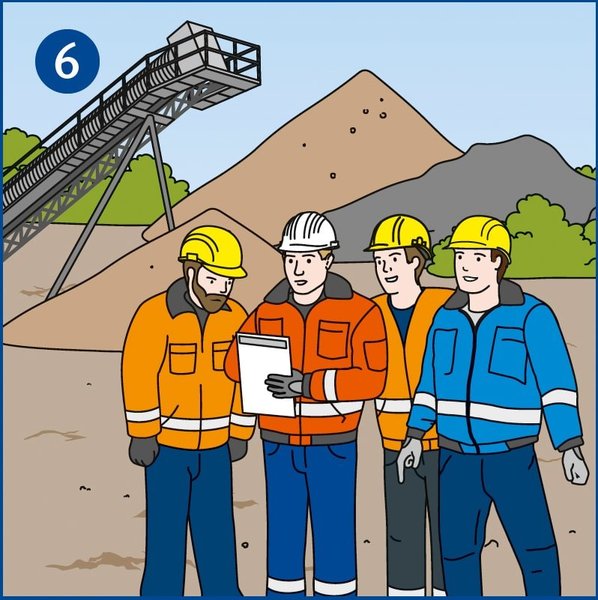 Die Illustration zeigt einen Vorgesetzten und drei Mitarbeiter, die einen Sicherheits-Check im Team vor Ort an der Förderbandanlage machen.