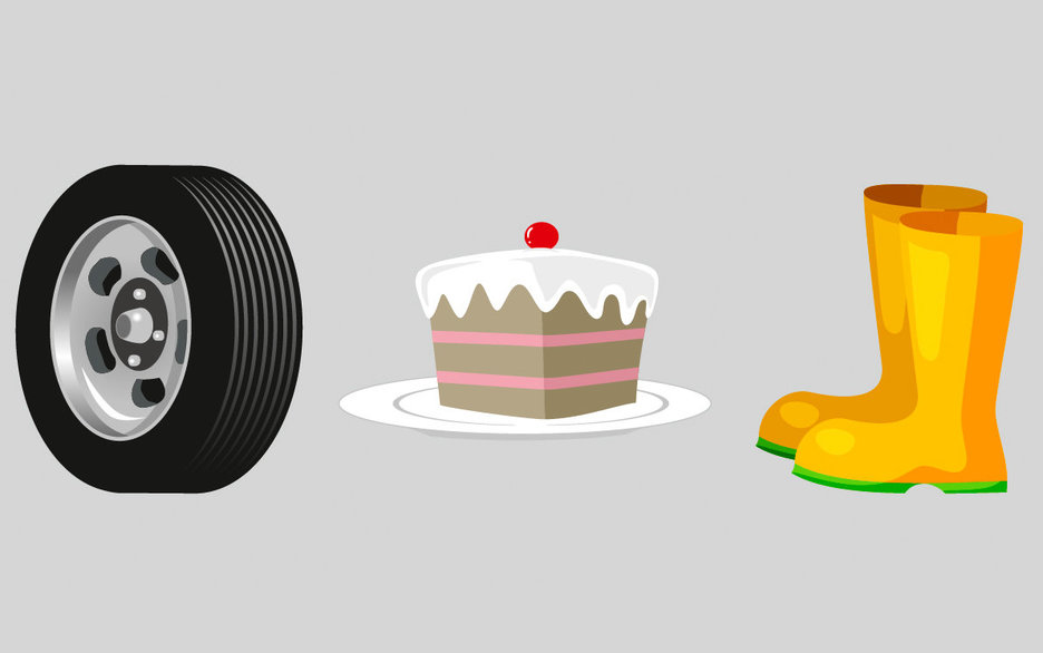 Mit diesen Illustrationen eines Autoreifens, eines Kuchens und zwei gelber Gummistiefeln soll verdeutlicht werden, wie Reifen angefertigt werden und warum sie im Gegensatz zu Gummistiefeln nicht farbig sein können.  Link zum Artikel.