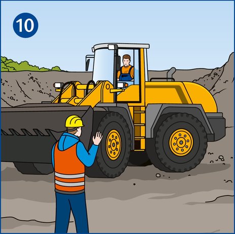 Die Illustration zeigt einen Mitarbeiter von hinten mit Warnweste, der außerhalb des Gefahrenbereichs eines Radladers steht. Er sucht Blickkontakt zum Fahrer und macht sich per Handzeichen bemerkbar. 